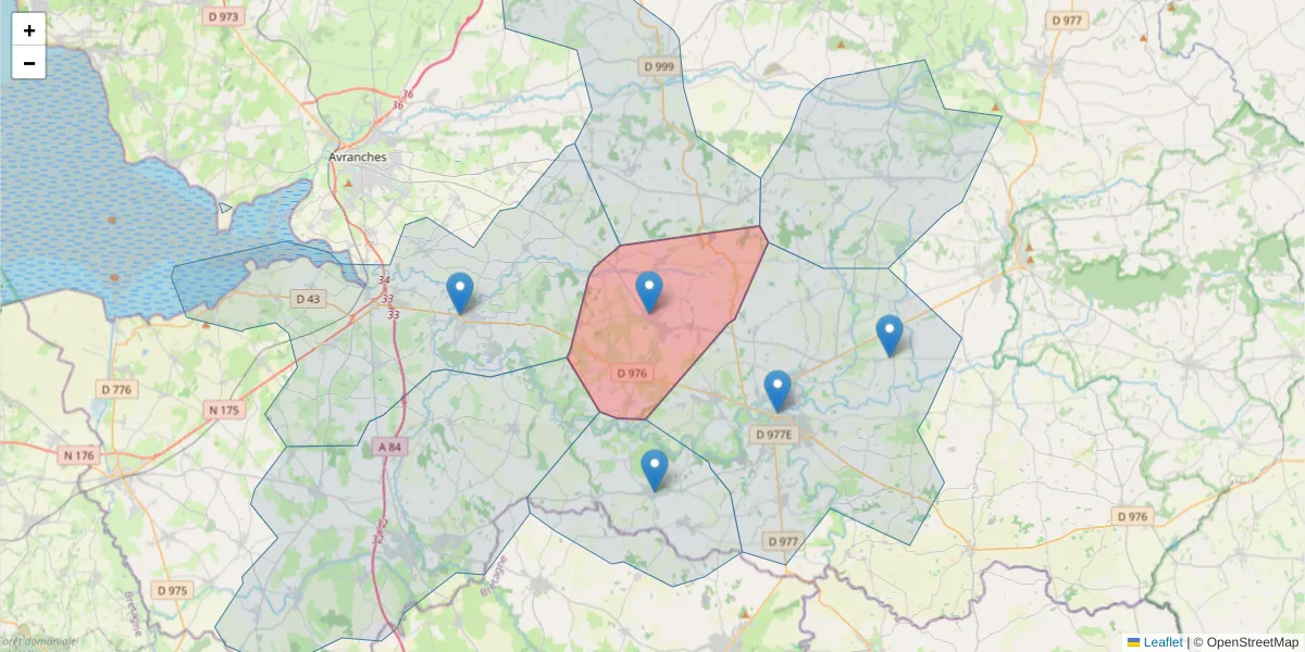 Carte de la zone du code postal  et des codes postaux voisins en France