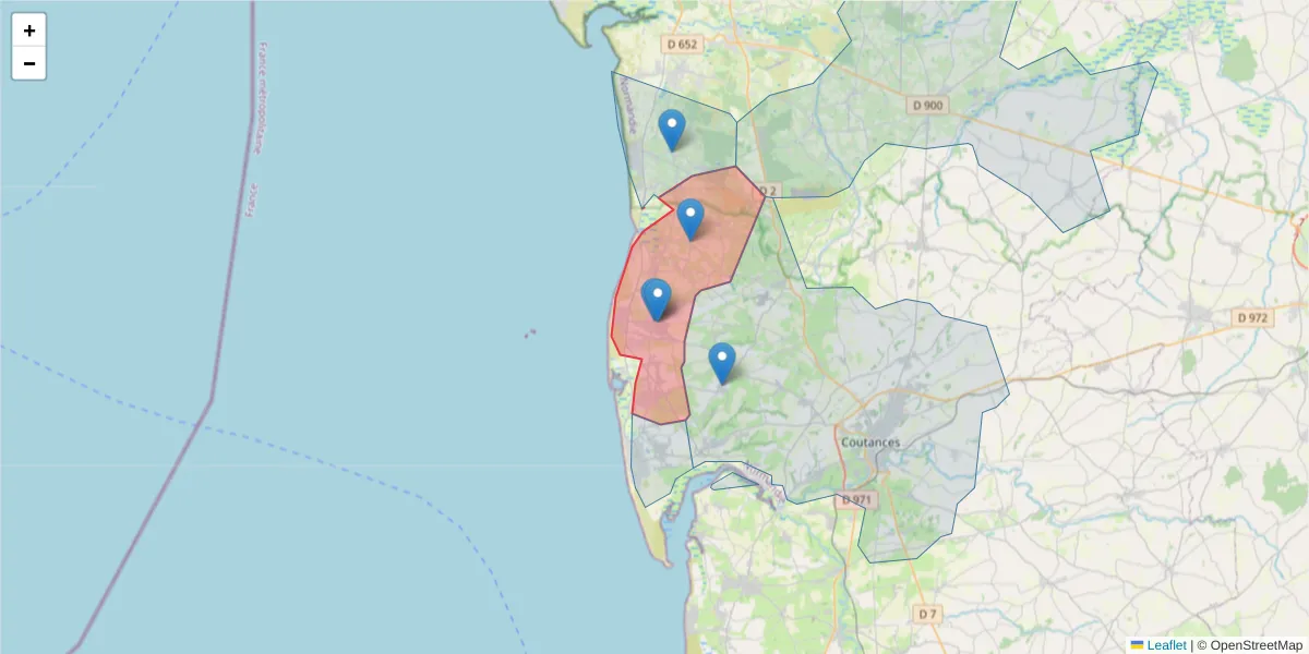 Carte de la zone du code postal  et des codes postaux voisins en France