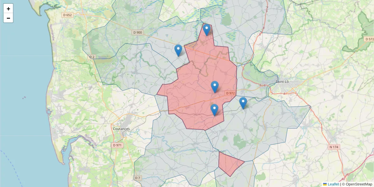 Carte de la zone du code postal  et des codes postaux voisins en France