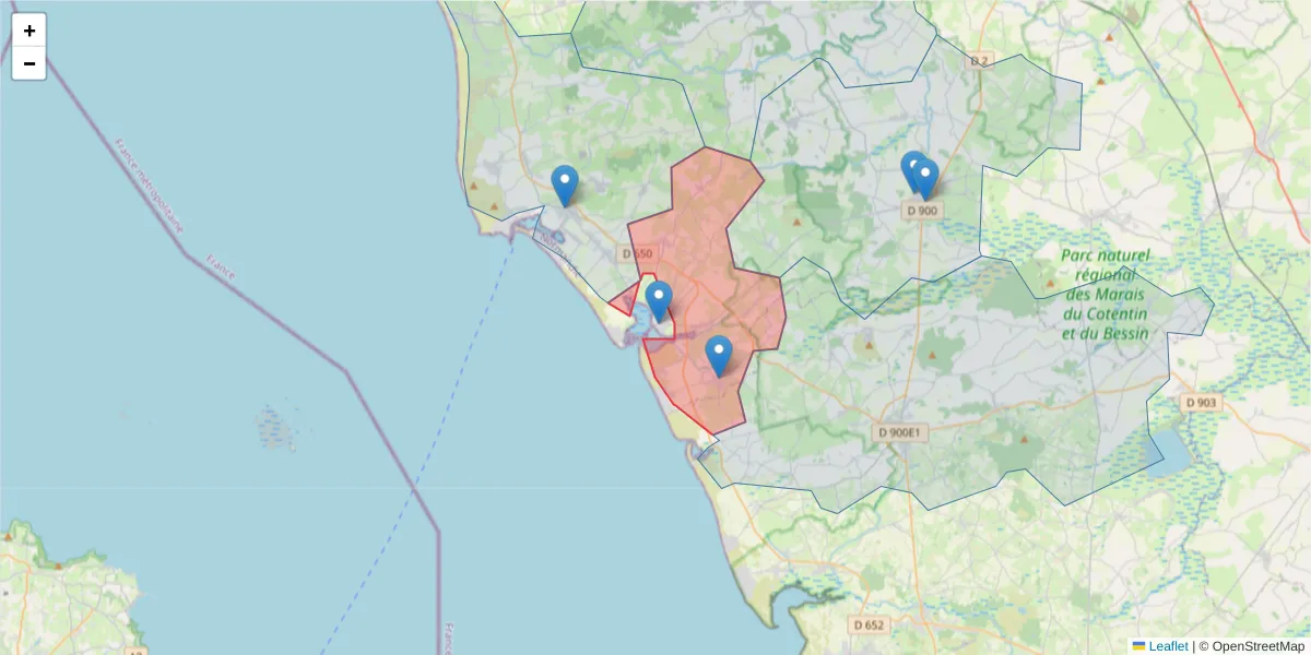 Carte de la zone du code postal  et des codes postaux voisins en France