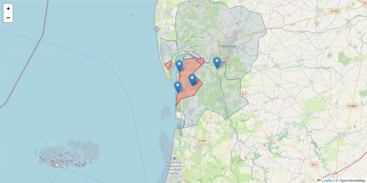 Carte de la zone du code postal  et des codes postaux voisins en France