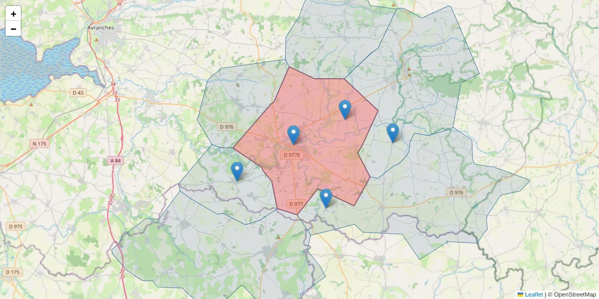 Carte de la zone du code postal  et des codes postaux voisins en France