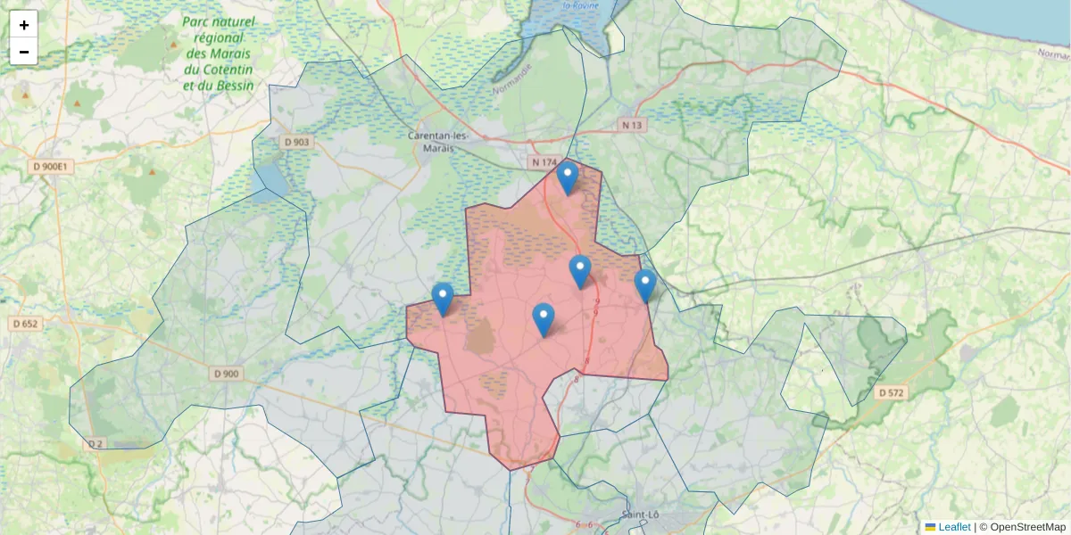 Carte de la zone du code postal  et des codes postaux voisins en France