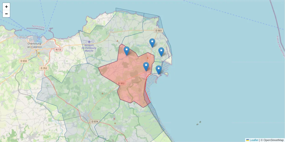 Carte de la zone du code postal  et des codes postaux voisins en France