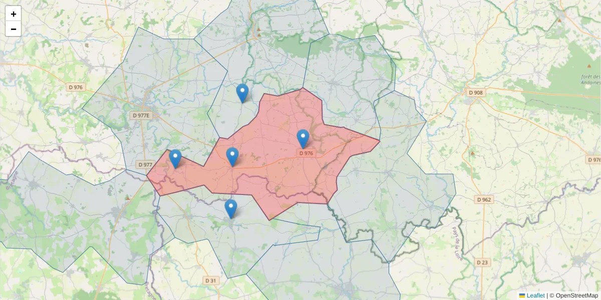 Carte de la zone du code postal  et des codes postaux voisins en France