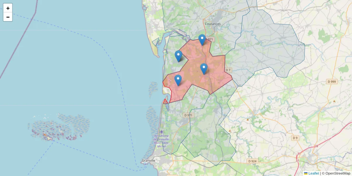 Carte de la zone du code postal  et des codes postaux voisins en France