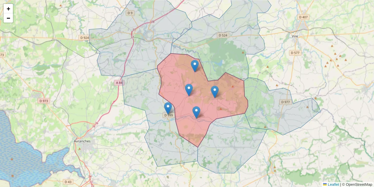 Carte de la zone du code postal  et des codes postaux voisins en France