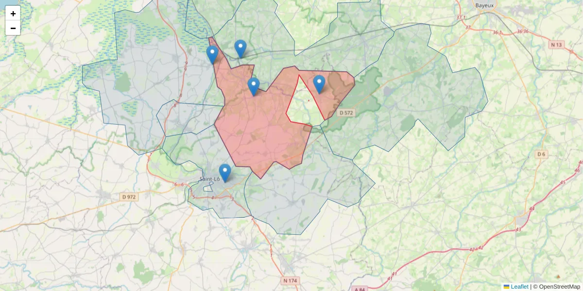 Carte de la zone du code postal  et des codes postaux voisins en France