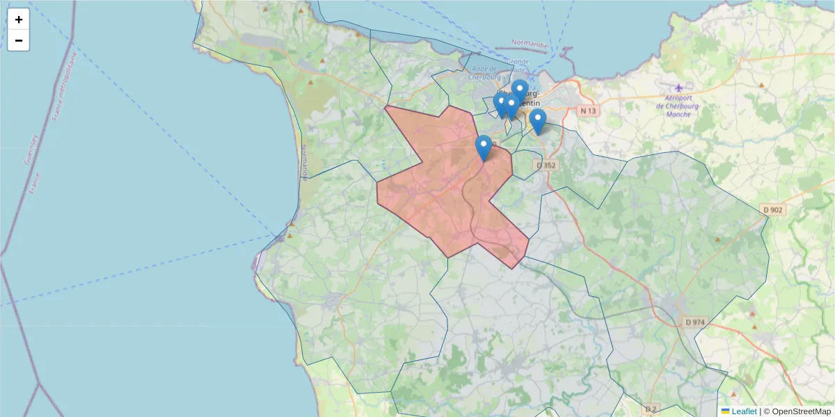 Carte de la zone du code postal  et des codes postaux voisins en France