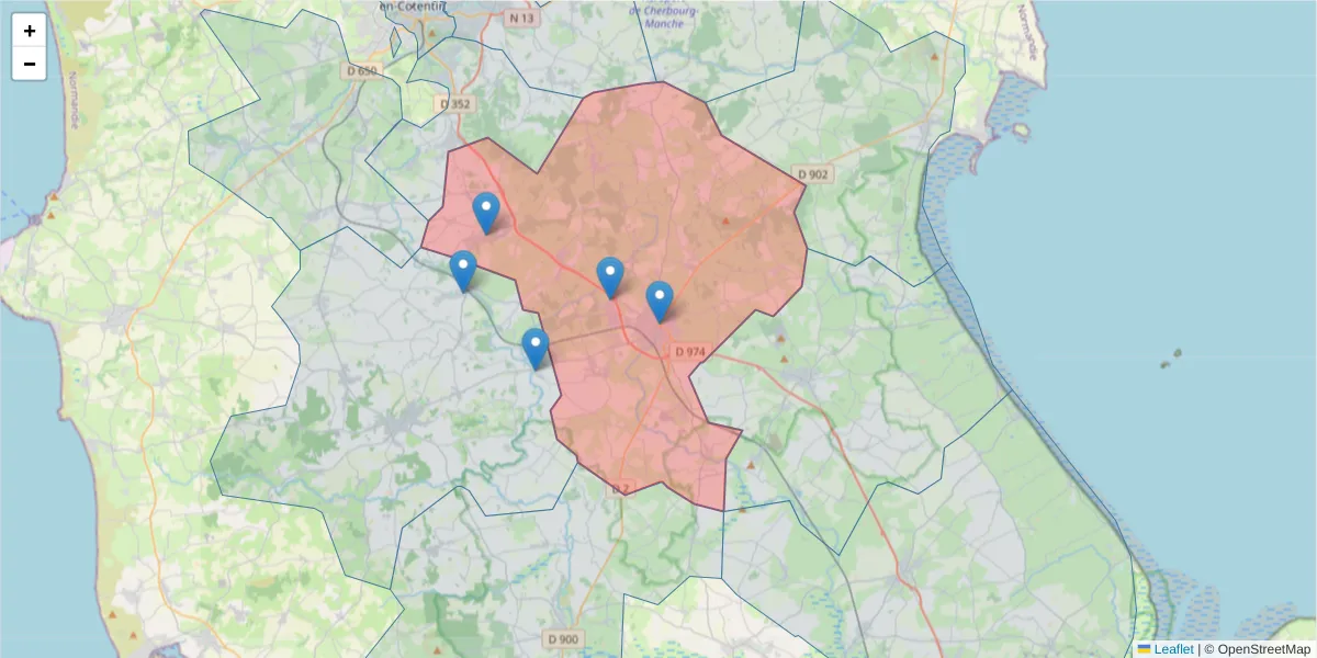 Carte de la zone du code postal  et des codes postaux voisins en France