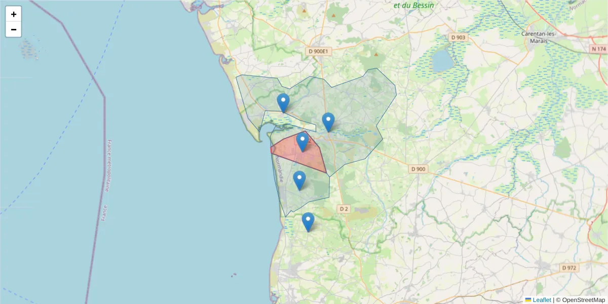 Carte de la zone du code postal  et des codes postaux voisins en France