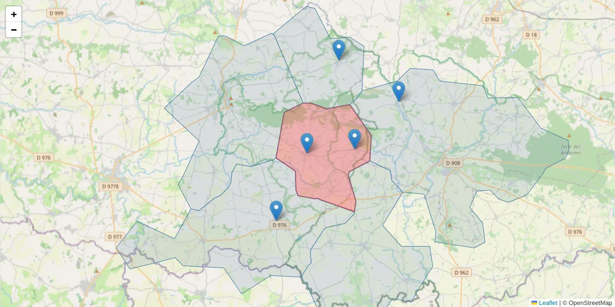 Carte de la zone du code postal  et des codes postaux voisins en France