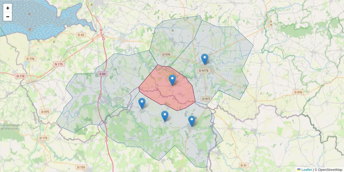 Carte de la zone du code postal  et des codes postaux voisins en France