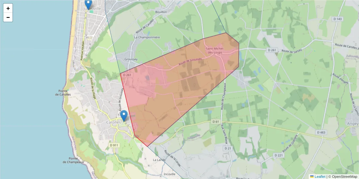 Carte de la zone du code postal  et des codes postaux voisins en France