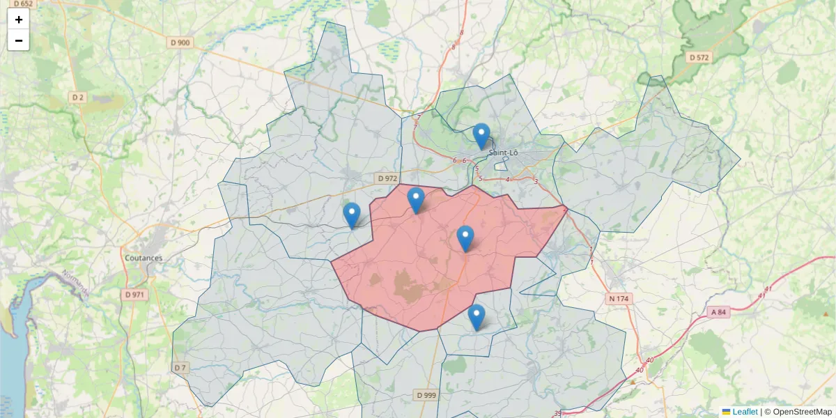 Carte de la zone du code postal  et des codes postaux voisins en France