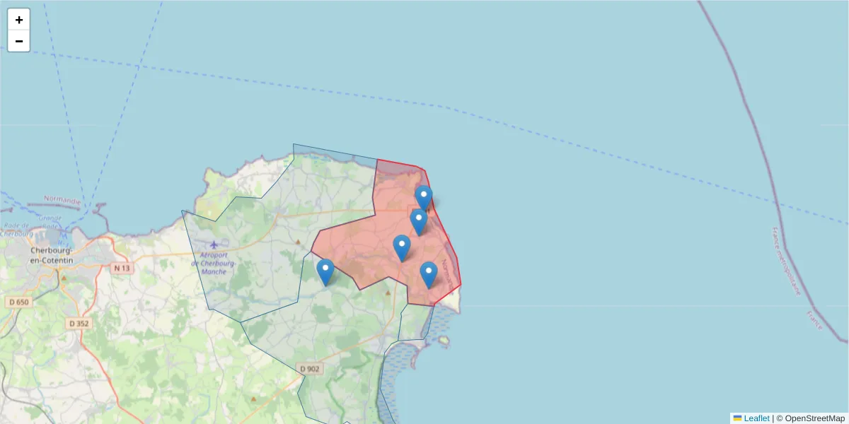 Carte de la zone du code postal  et des codes postaux voisins en France