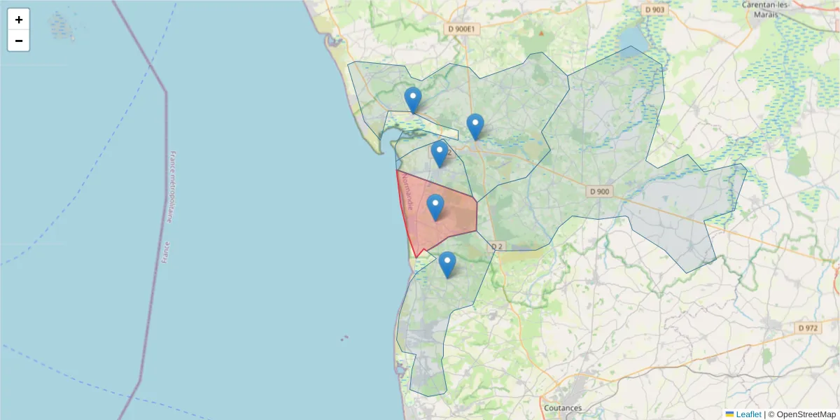 Carte de la zone du code postal  et des codes postaux voisins en France