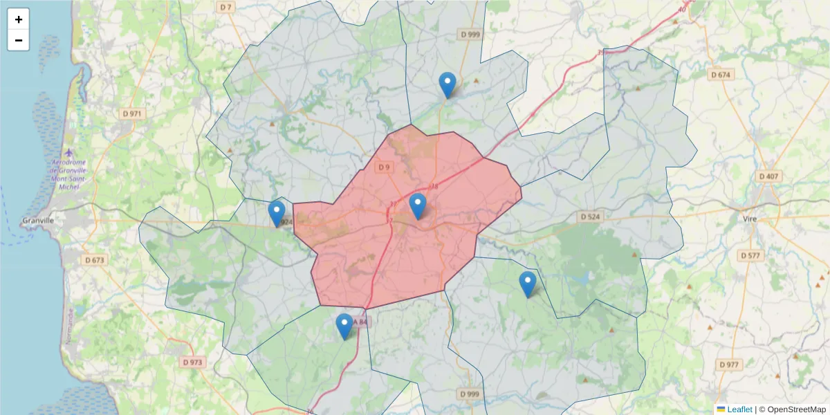Carte de la zone du code postal  et des codes postaux voisins en France