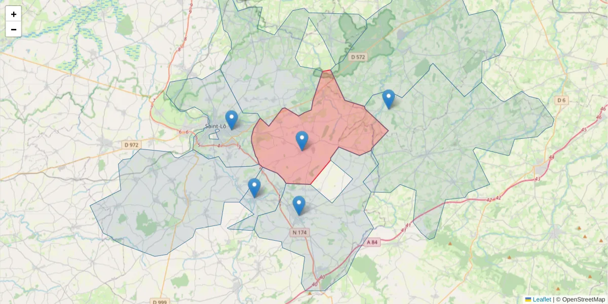 Carte de la zone du code postal  et des codes postaux voisins en France
