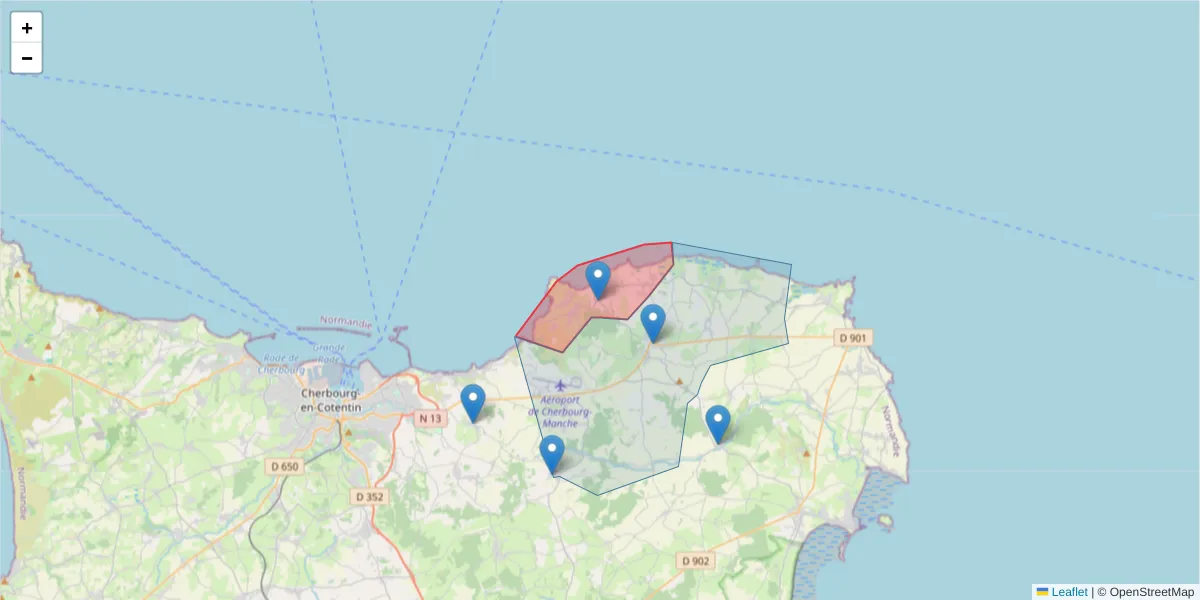 Carte de la zone du code postal  et des codes postaux voisins en France
