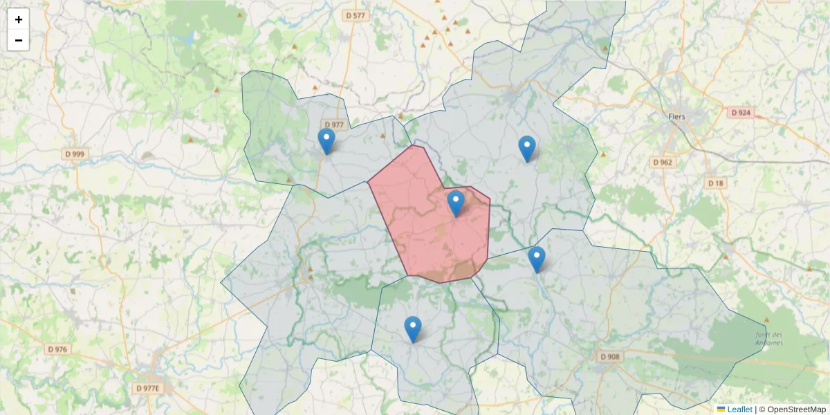 Carte de la zone du code postal  et des codes postaux voisins en France