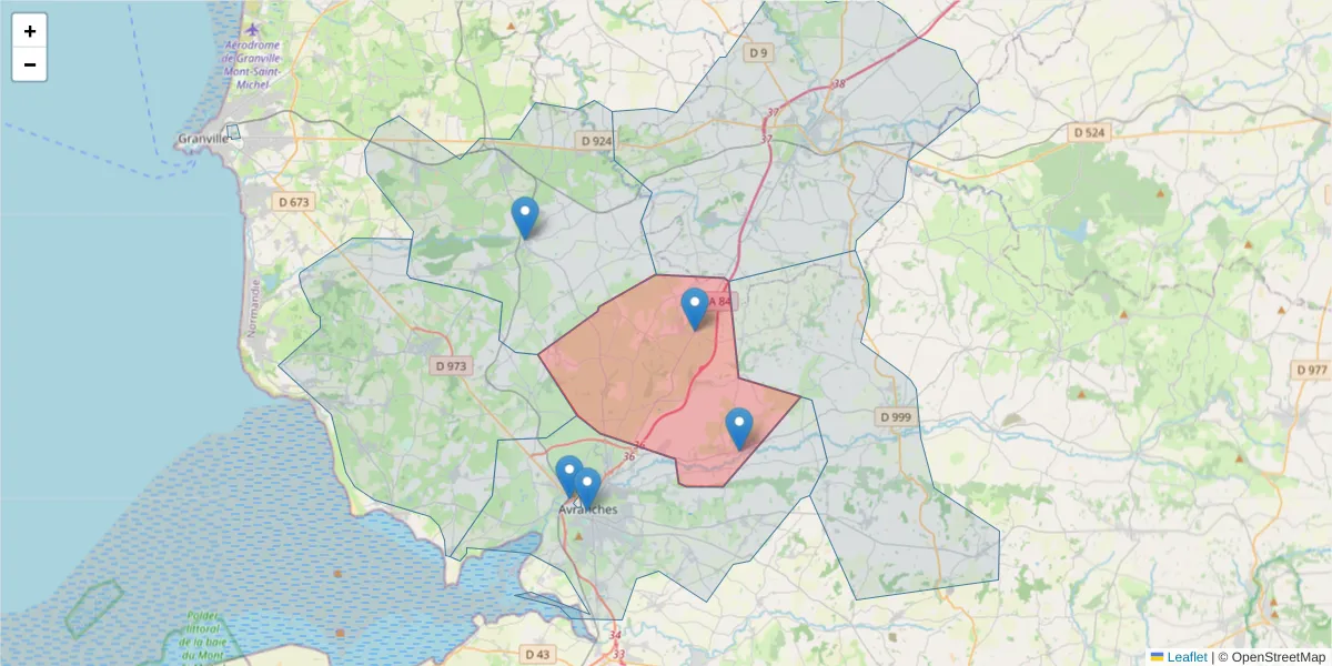 Carte de la zone du code postal  et des codes postaux voisins en France