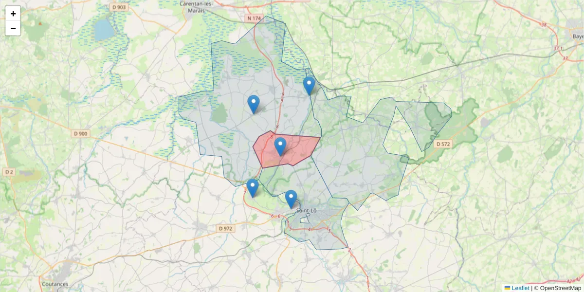 Carte de la zone du code postal  et des codes postaux voisins en France