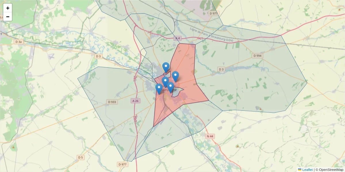 Carte de la zone du code postal  et des codes postaux voisins en France