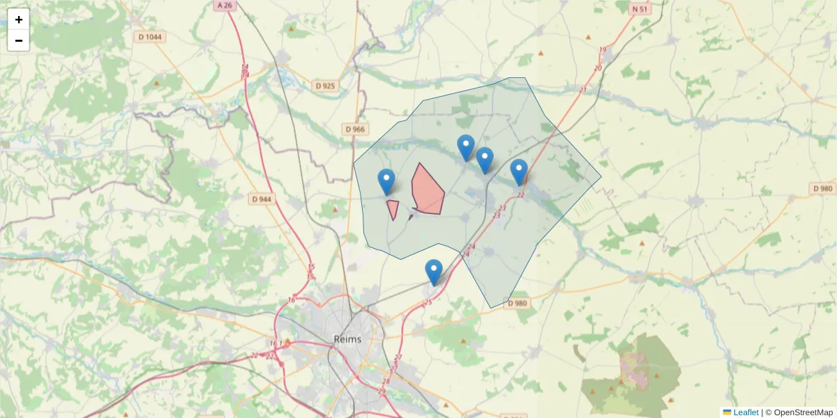 Carte de la zone du code postal  et des codes postaux voisins en France