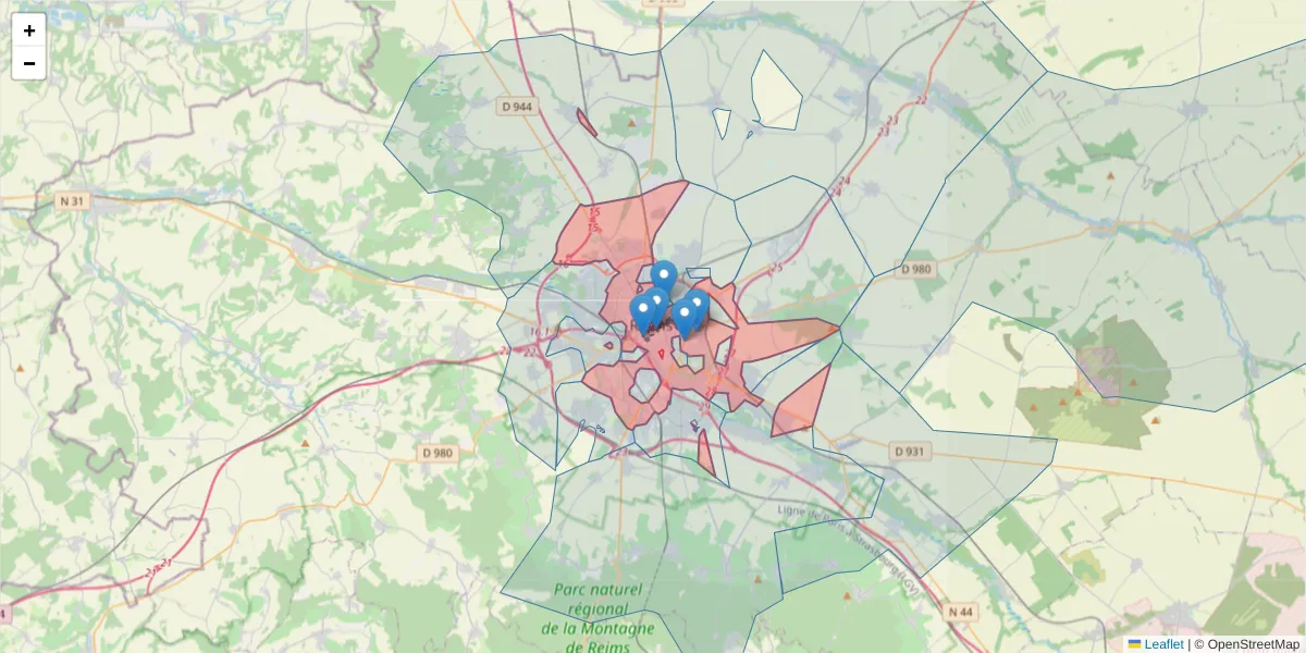 Carte de la zone du code postal  et des codes postaux voisins en France