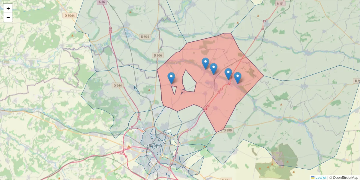 Carte de la zone du code postal  et des codes postaux voisins en France