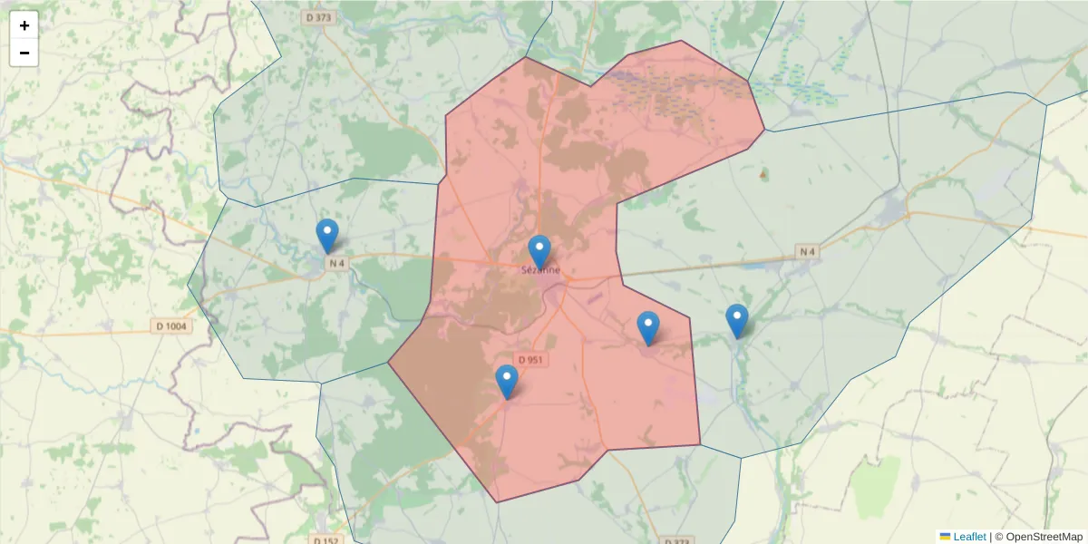 Carte de la zone du code postal  et des codes postaux voisins en France