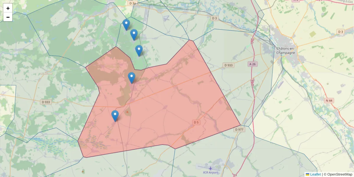 Carte de la zone du code postal  et des codes postaux voisins en France