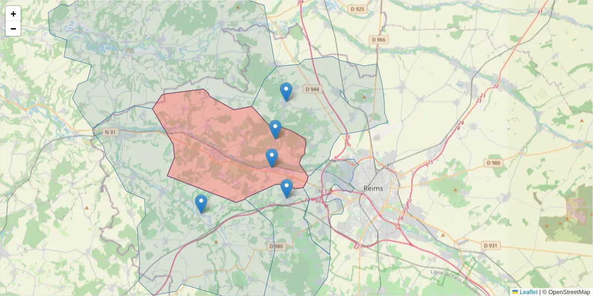 Carte de la zone du code postal  et des codes postaux voisins en France
