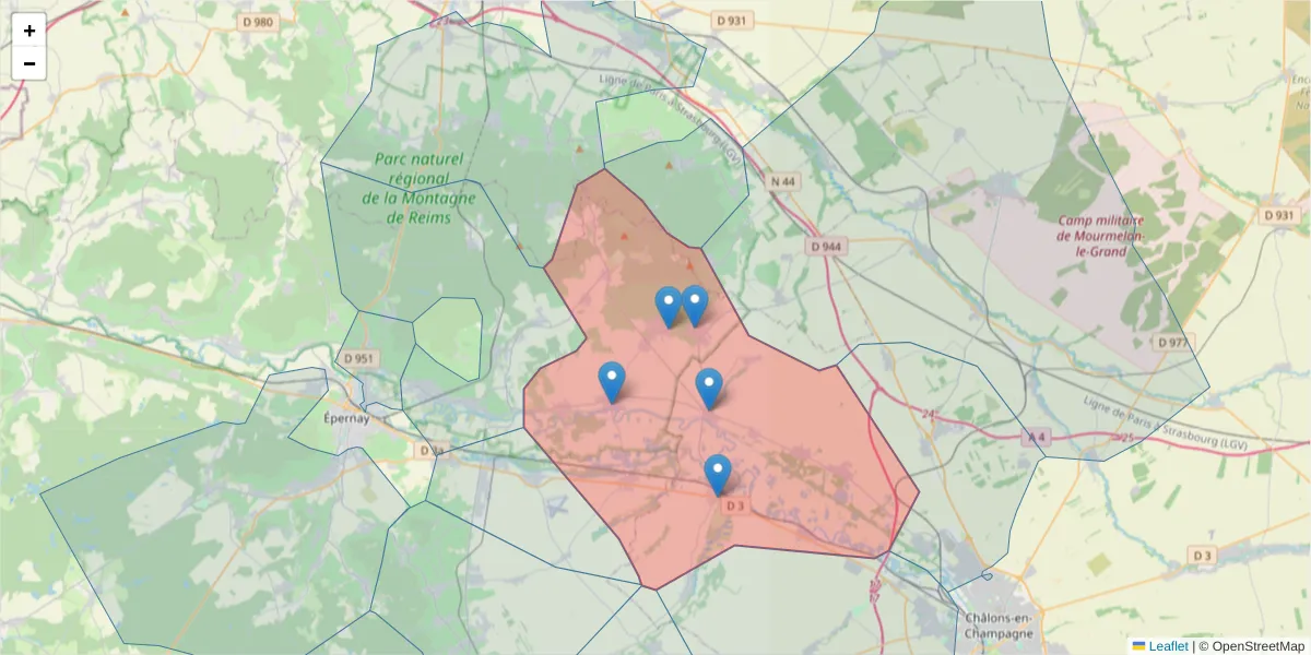 Carte de la zone du code postal  et des codes postaux voisins en France