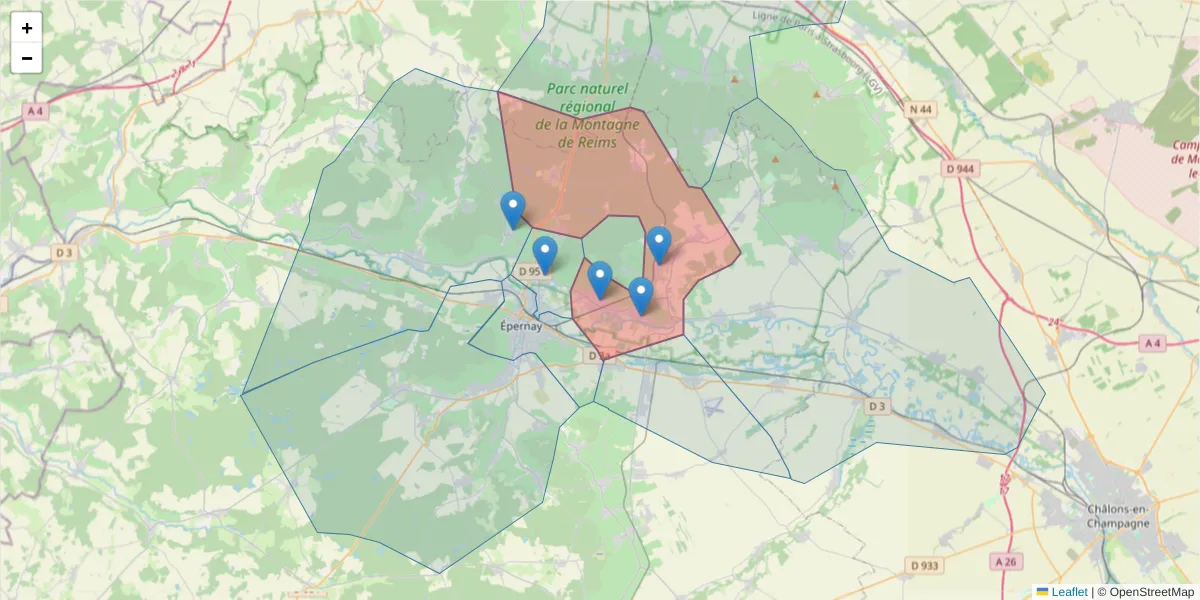Carte de la zone du code postal  et des codes postaux voisins en France