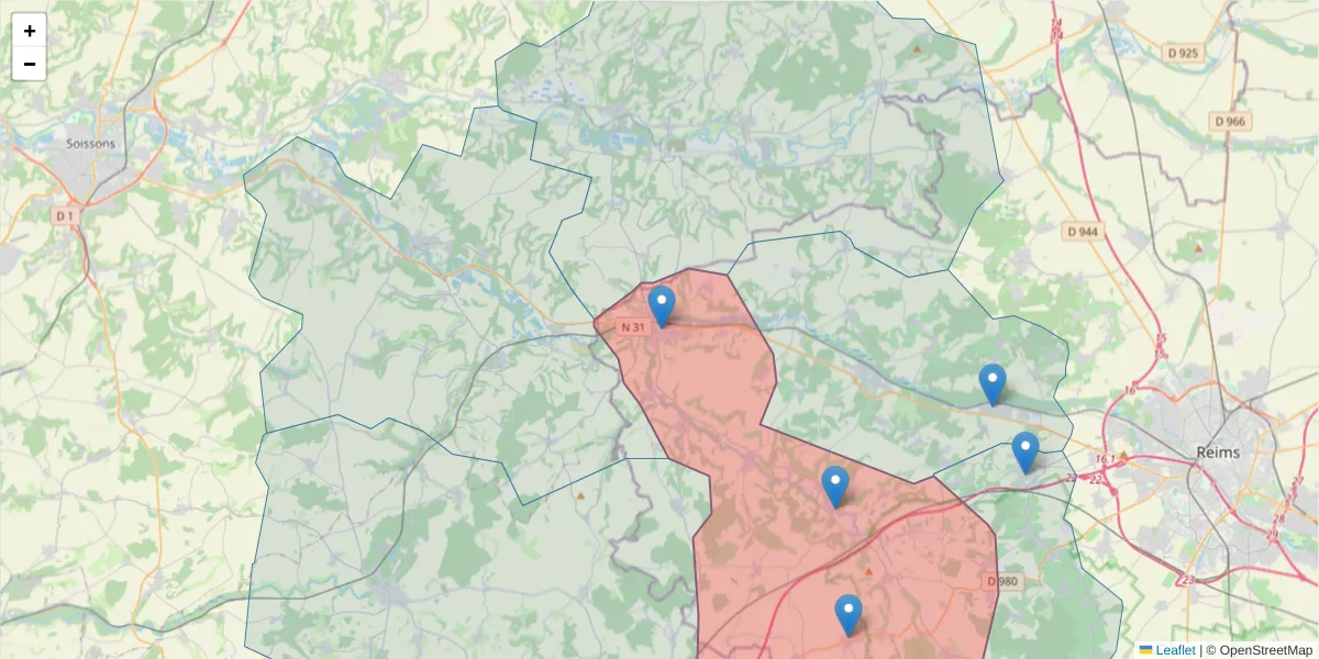 Carte de la zone du code postal  et des codes postaux voisins en France
