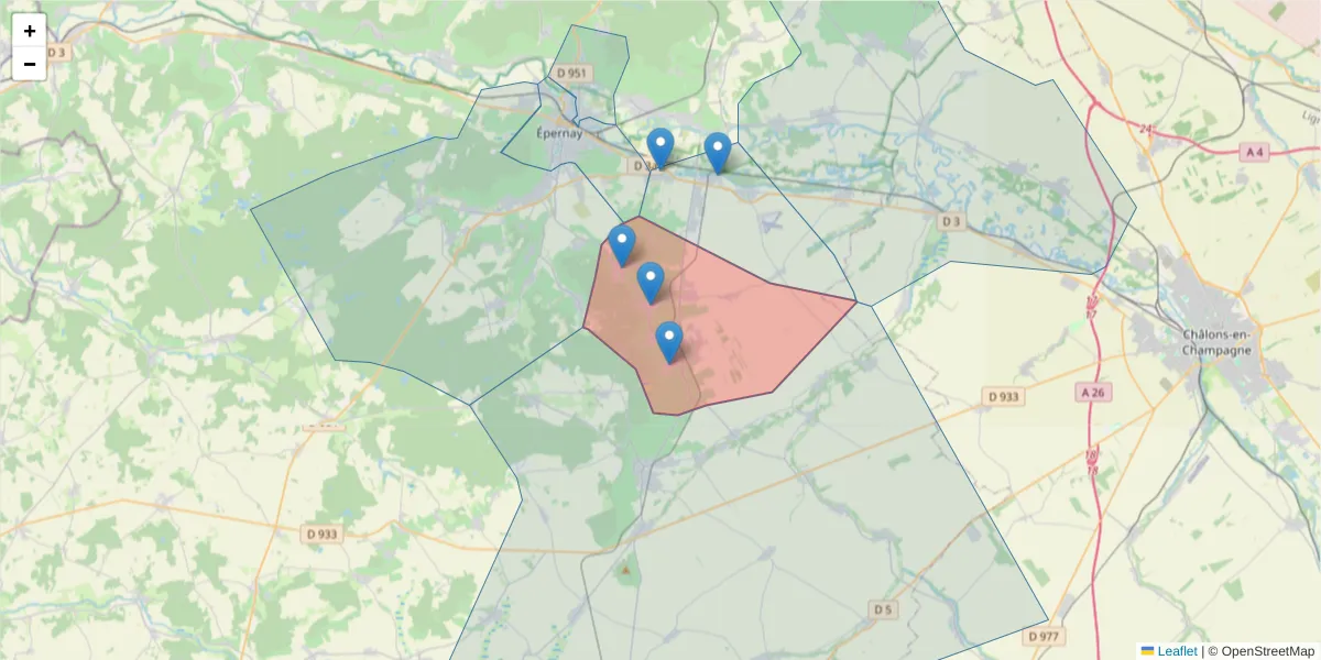 Carte de la zone du code postal  et des codes postaux voisins en France