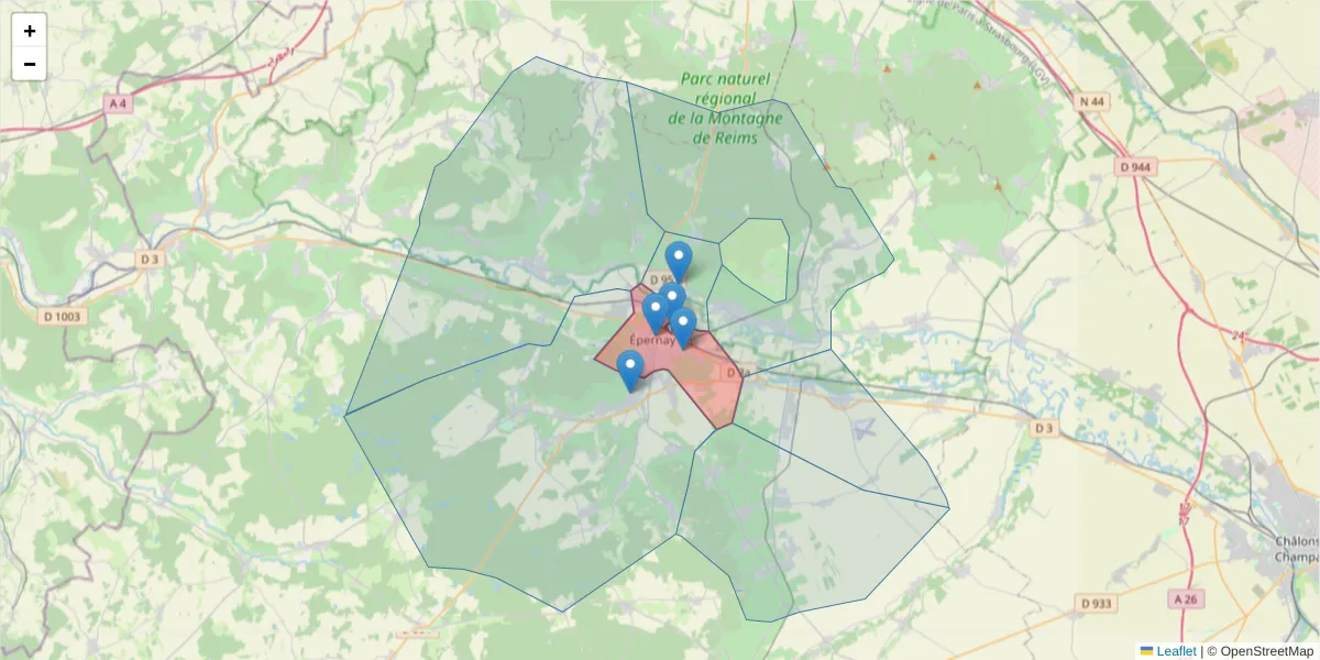 Carte de la zone du code postal  et des codes postaux voisins en France