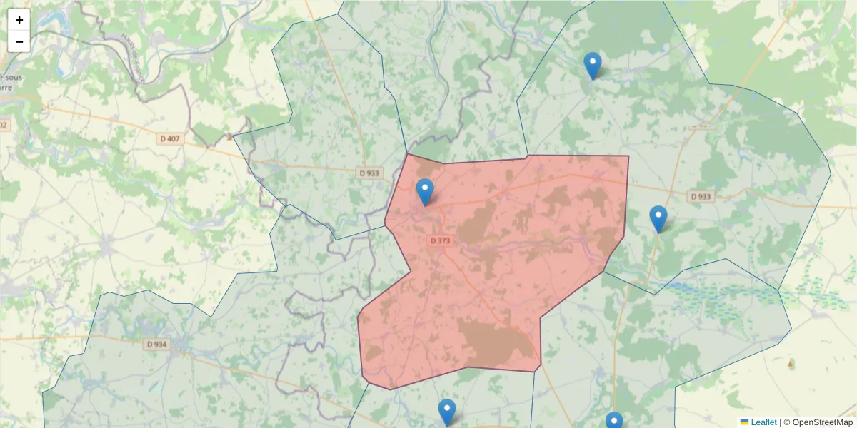 Carte de la zone du code postal  et des codes postaux voisins en France