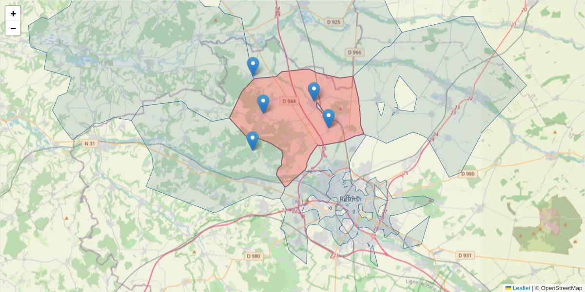 Carte de la zone du code postal  et des codes postaux voisins en France