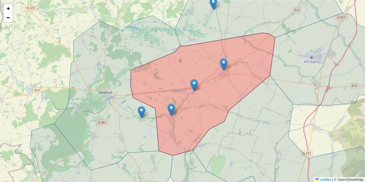Carte de la zone du code postal  et des codes postaux voisins en France
