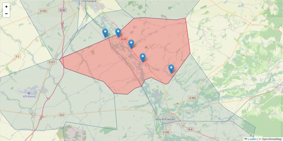Carte de la zone du code postal  et des codes postaux voisins en France