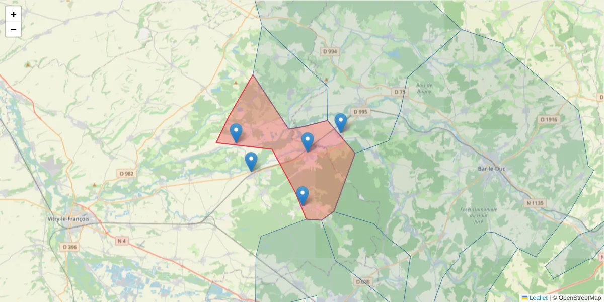 Carte de la zone du code postal  et des codes postaux voisins en France