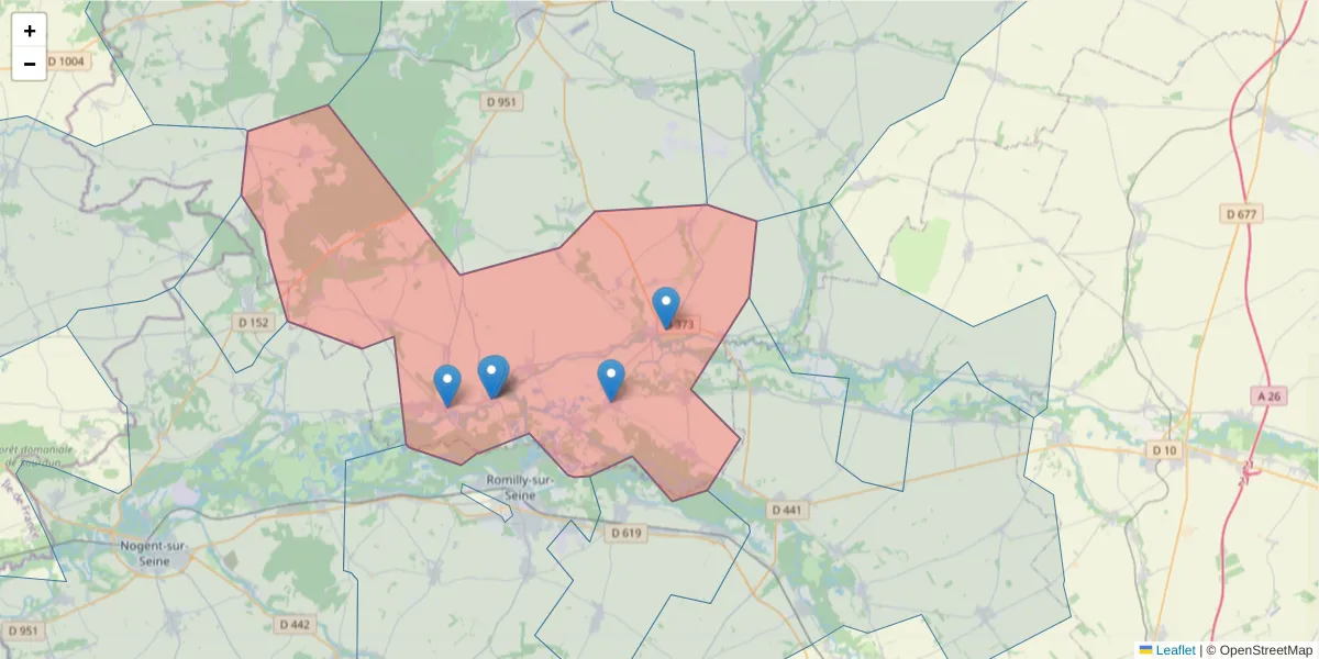 Carte de la zone du code postal  et des codes postaux voisins en France