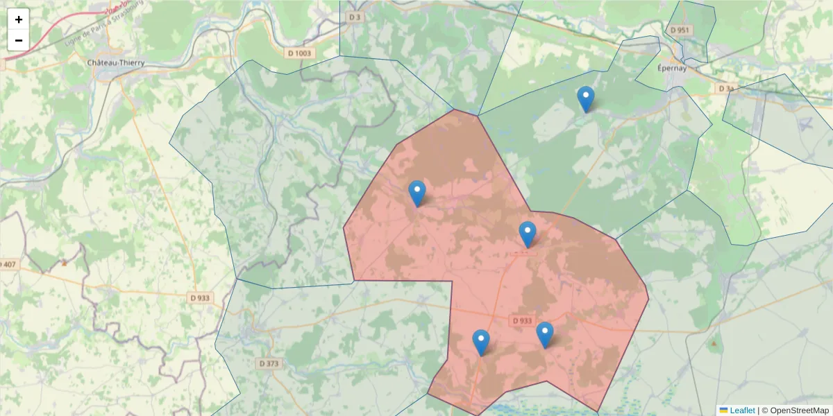 Carte de la zone du code postal  et des codes postaux voisins en France