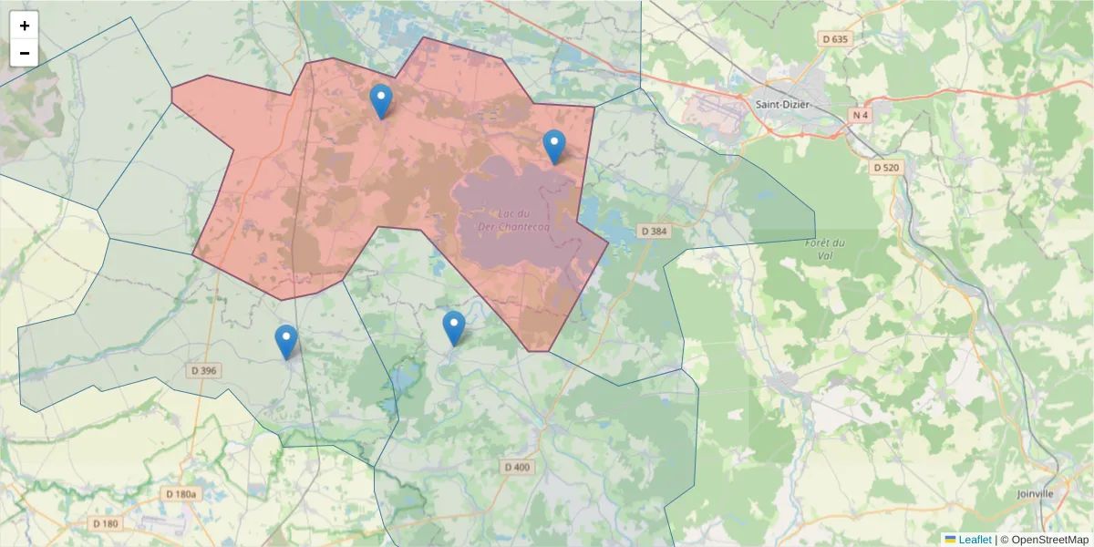 Carte de la zone du code postal  et des codes postaux voisins en France