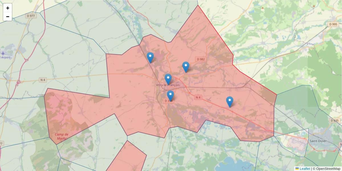 Carte de la zone du code postal  et des codes postaux voisins en France
