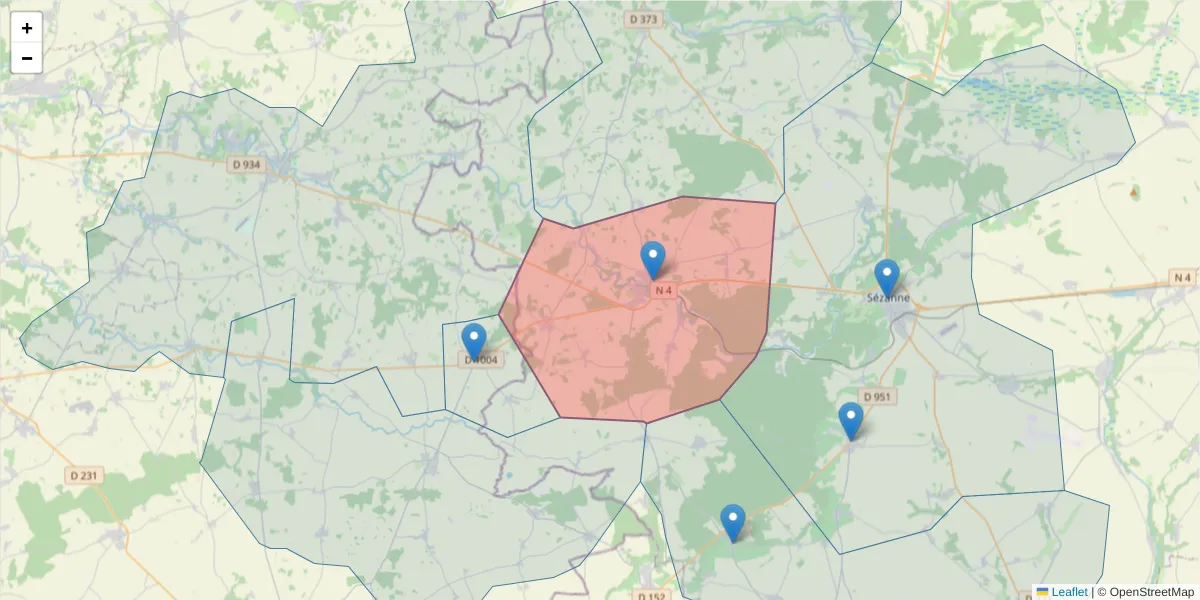 Carte de la zone du code postal  et des codes postaux voisins en France