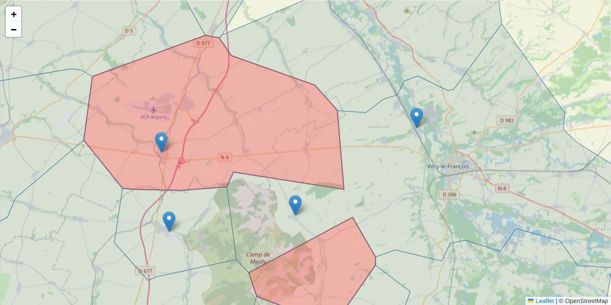 Carte de la zone du code postal  et des codes postaux voisins en France